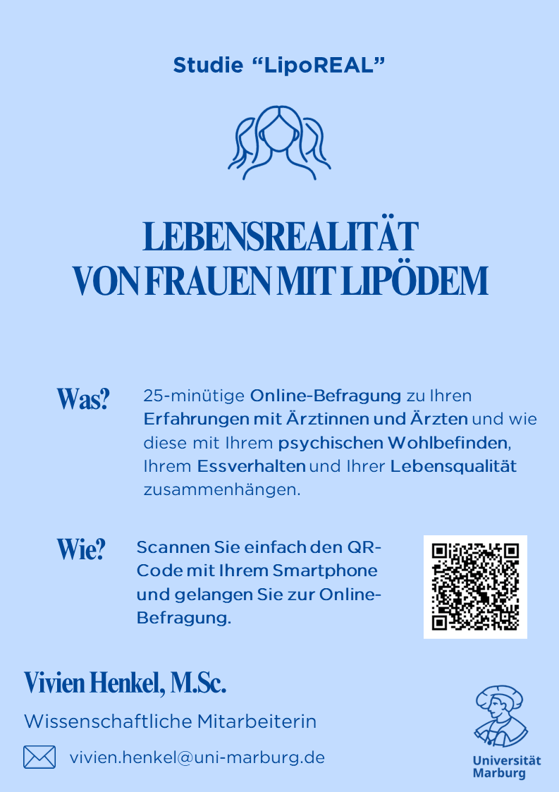 Flyer zur Studie LipoREAL „Lebensrealität von Frauen mit Lipödem“ der Universität Marburg mit QR-Code zur Online-Befragung